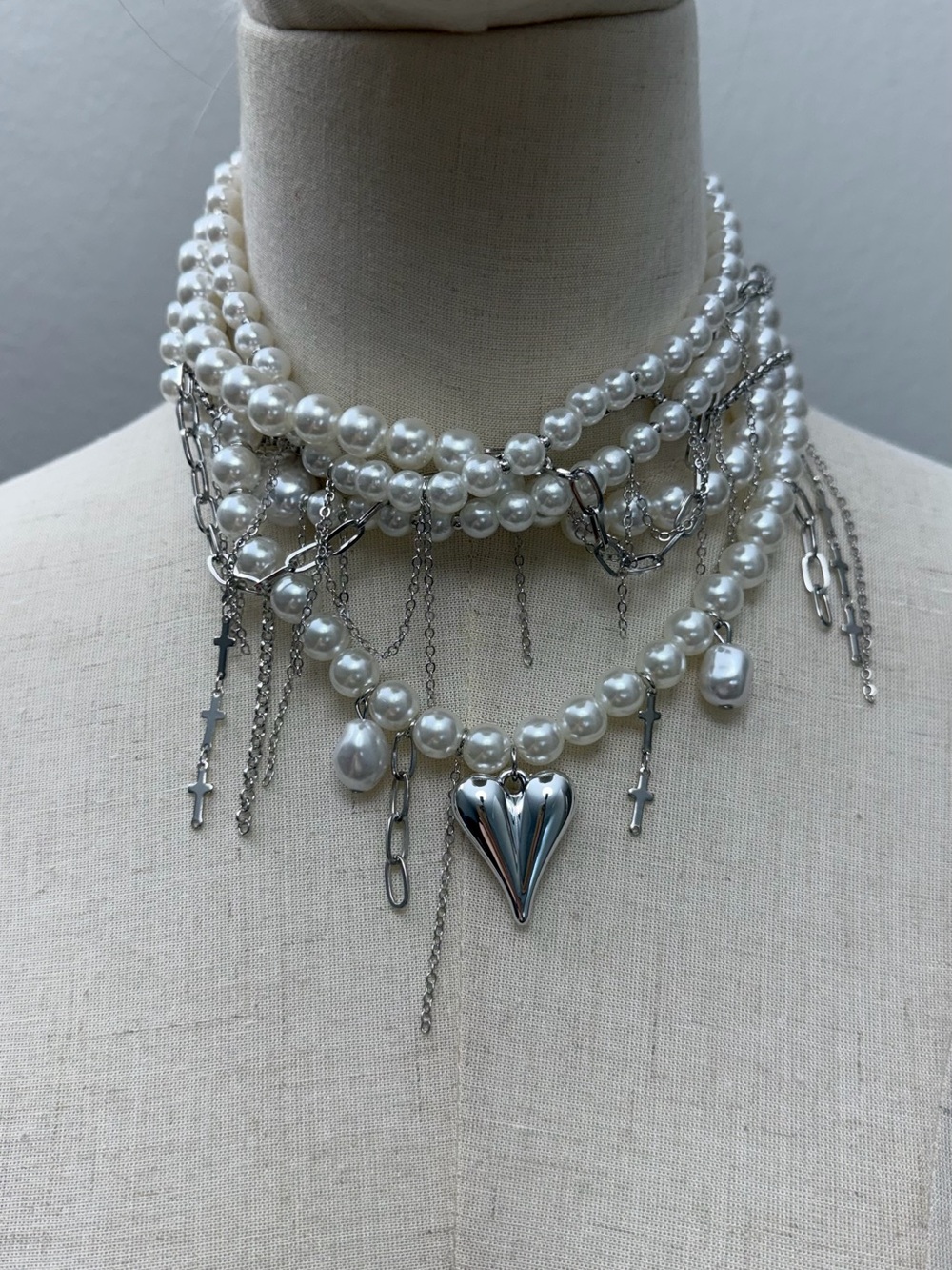 Layered Pearl Heart Choker Necklace White Faux Pearl Cross Chain Gothic Coquette